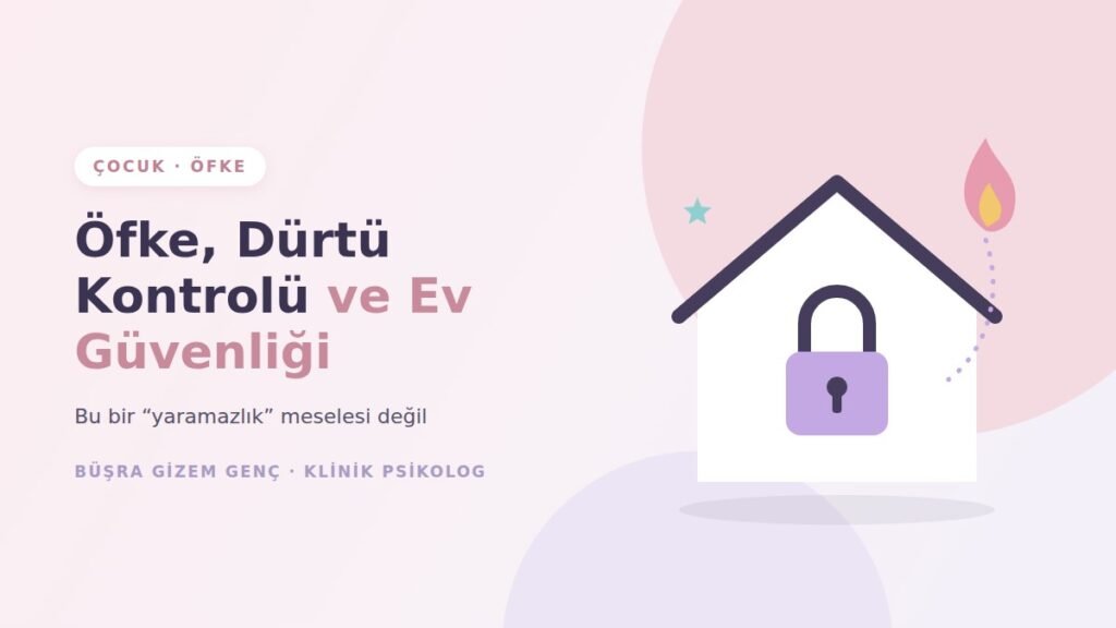 Kilitli ev ve alev simgesi ile çocuklarda öfke ve ev güvenliği illüstrasyonu