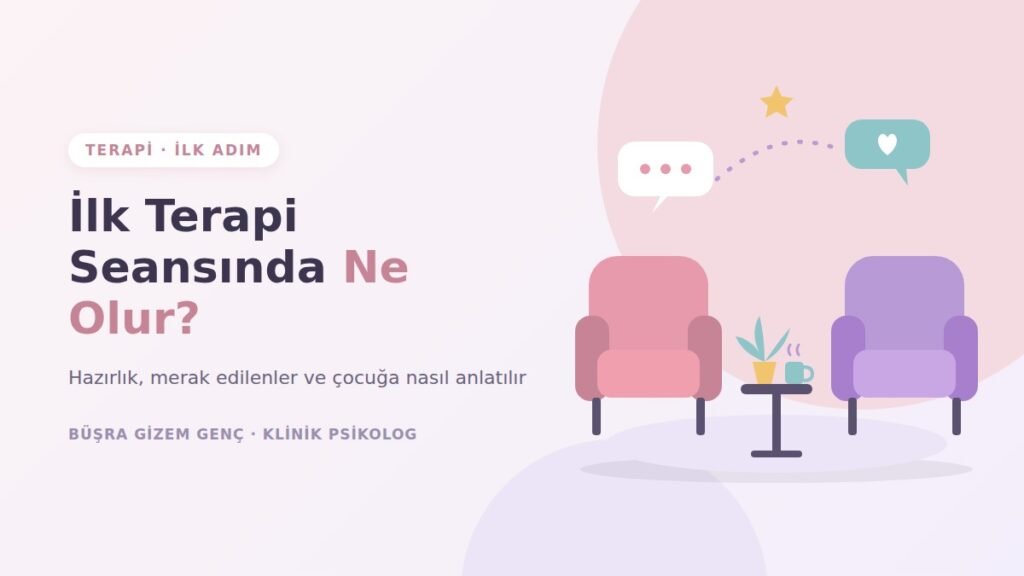 İlk terapi seansı: karşılıklı iki koltuk, bitki ve konuşma balonları illüstrasyonu