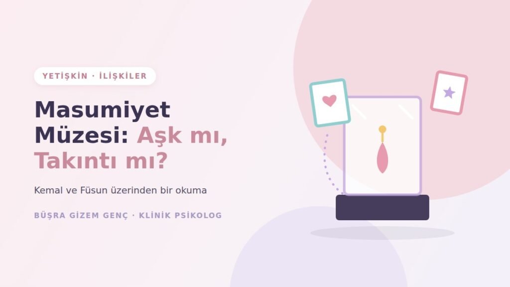 Vitrin içinde küpe ve çerçeveli hatıralar ile Masumiyet Müzesi illüstrasyonu