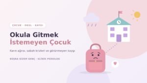Okula gitmek istemeyen çocuk: endişeli bir okul çantası ve okul binası illüstrasyonu