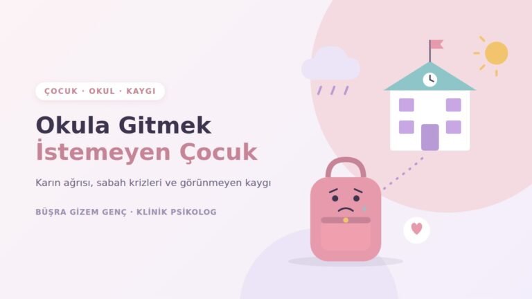 Okula gitmek istemeyen çocuk: endişeli bir okul çantası ve okul binası illüstrasyonu