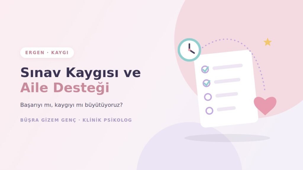 Sınav kâğıdı, saat ve kalp ile sınav kaygısı ve aile desteği illüstrasyonu