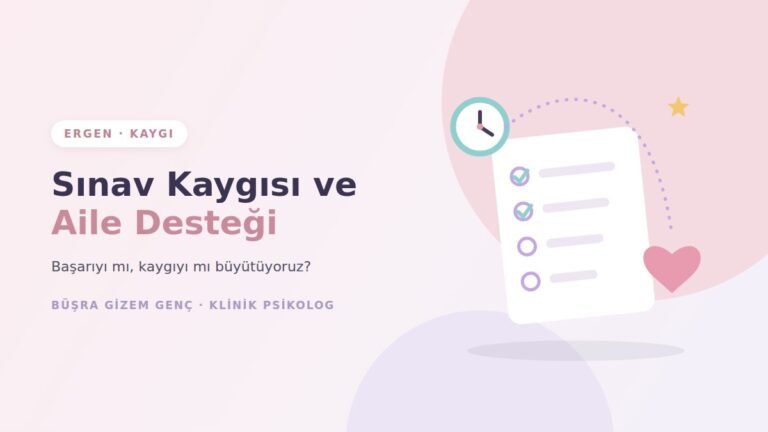 Sınav kâğıdı, saat ve kalp ile sınav kaygısı ve aile desteği illüstrasyonu