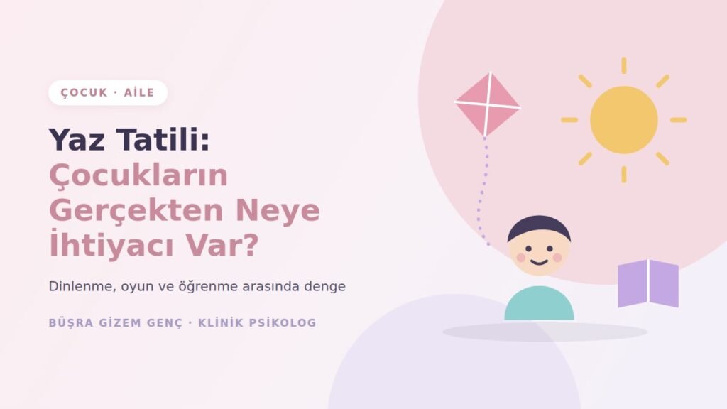 Yaz tatili: güneş, uçurtma, kitap ve gülümseyen çocuk illüstrasyonu